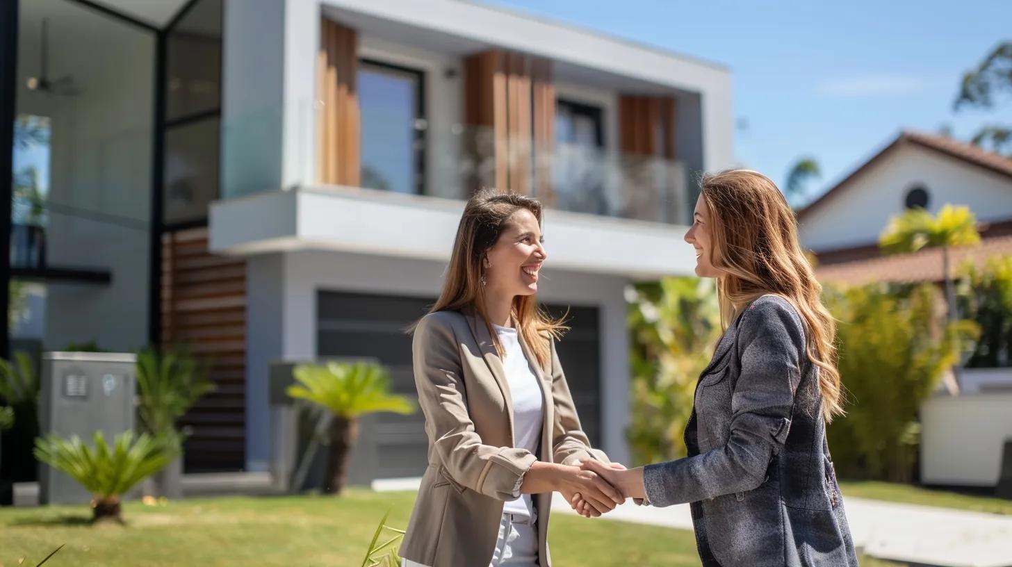 Women shaking hands in front of a modern home, symbolizing successful real estate negotiations and home inspection discussions.