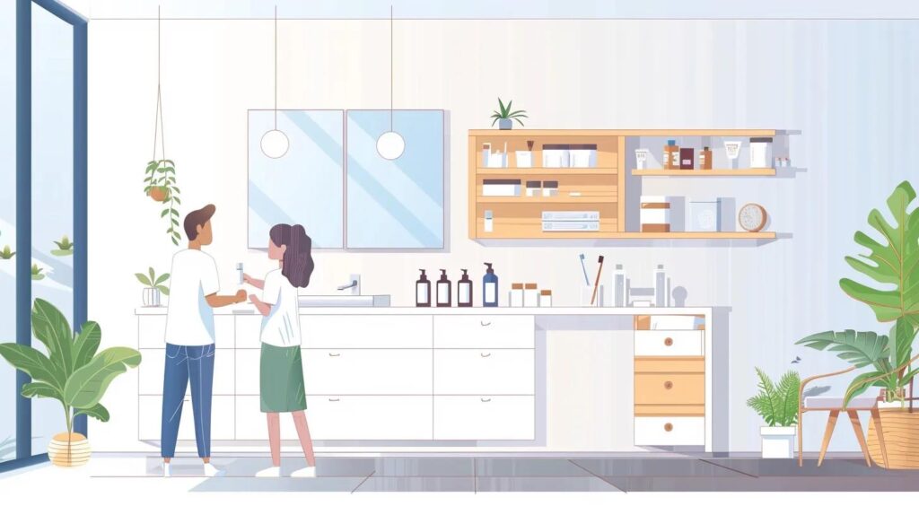 Couple discussing home maintenance in a modern kitchen with plants and organized shelves, emphasizing home inspection and upkeep.