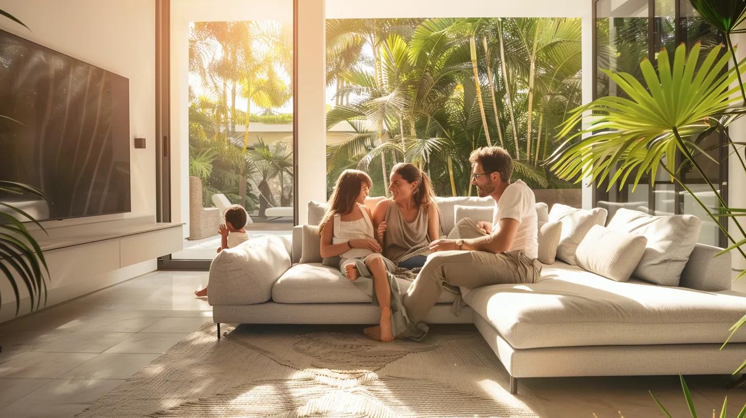 Family enjoying time together in a modern living room with tropical plants, emphasizing home comfort and maintenance.