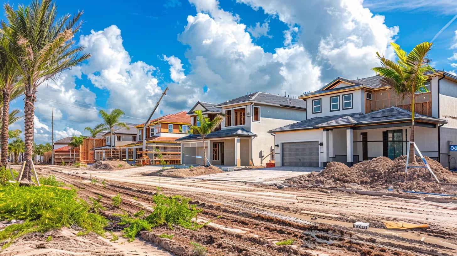 New construction homes with palm trees and construction materials, emphasizing the importance of inspections in ensuring quality and safety.