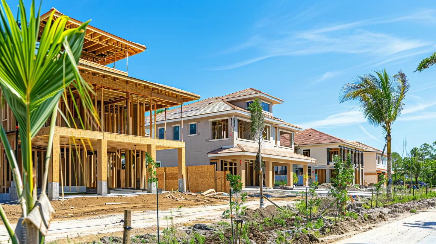 Newly constructed homes with exposed framing and unfinished exteriors, surrounded by landscaping and construction materials, illustrating the importance of phased inspections in new builds.