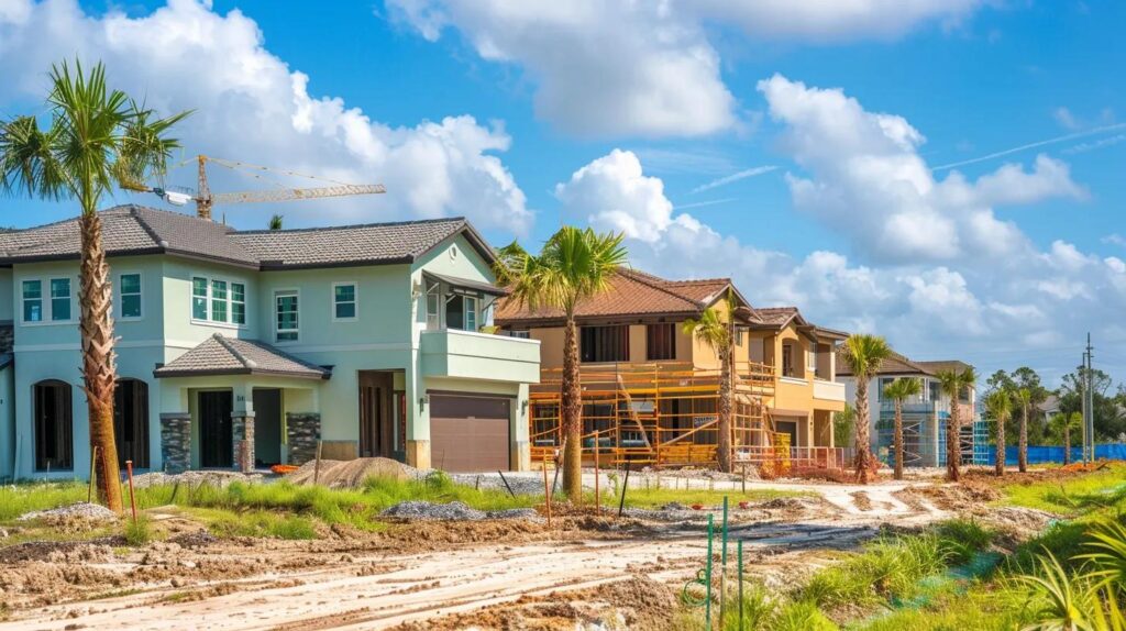 Newly constructed homes in Florida, showcasing modern architecture and surrounding palm trees, with construction equipment visible in the background, emphasizing the home inspection context.