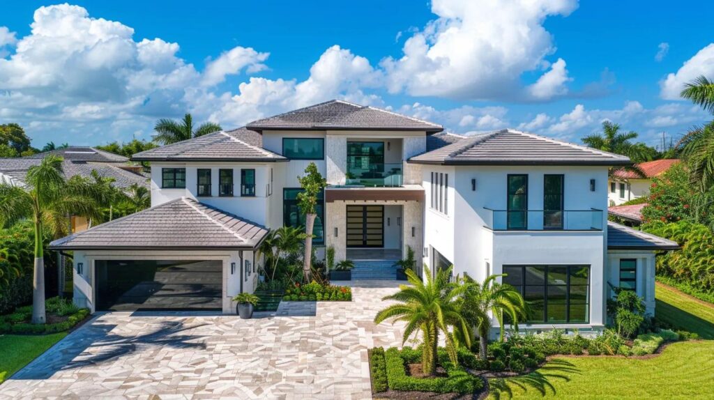 Modern Florida home with lush landscaping, palm trees, and a spacious driveway, showcasing features relevant to homeowners insurance inspections.