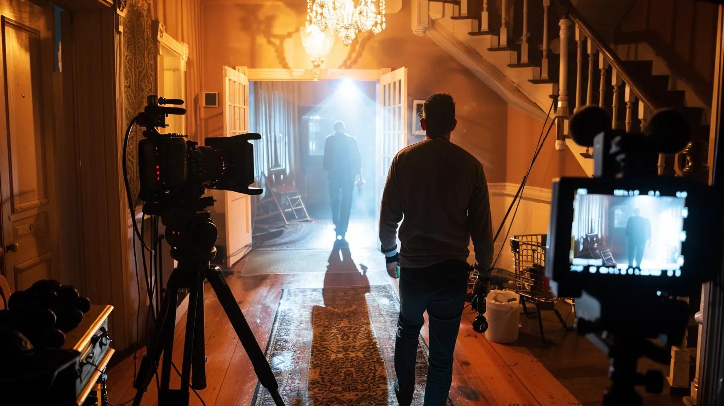 Camera crew filming a scene in a well-lit, vintage-style home, with a silhouetted figure walking towards an illuminated doorway, contrasting the dramatized portrayal of home inspections seen on TV.
