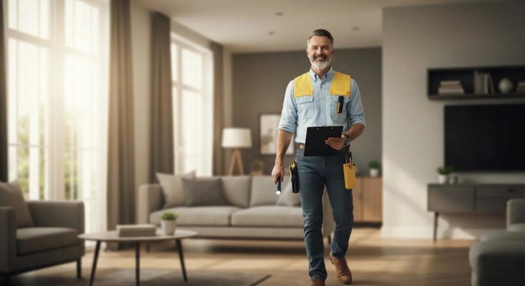 Home inspector in a modern living room, holding a clipboard and flashlight, ready to conduct a home inspection for prospective buyers.
