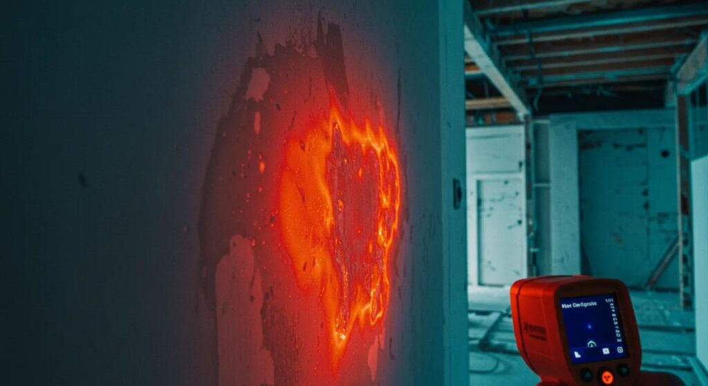 Thermal imaging detection of moisture on wall, showcasing infrared technology used in home inspections to identify hidden water damage.