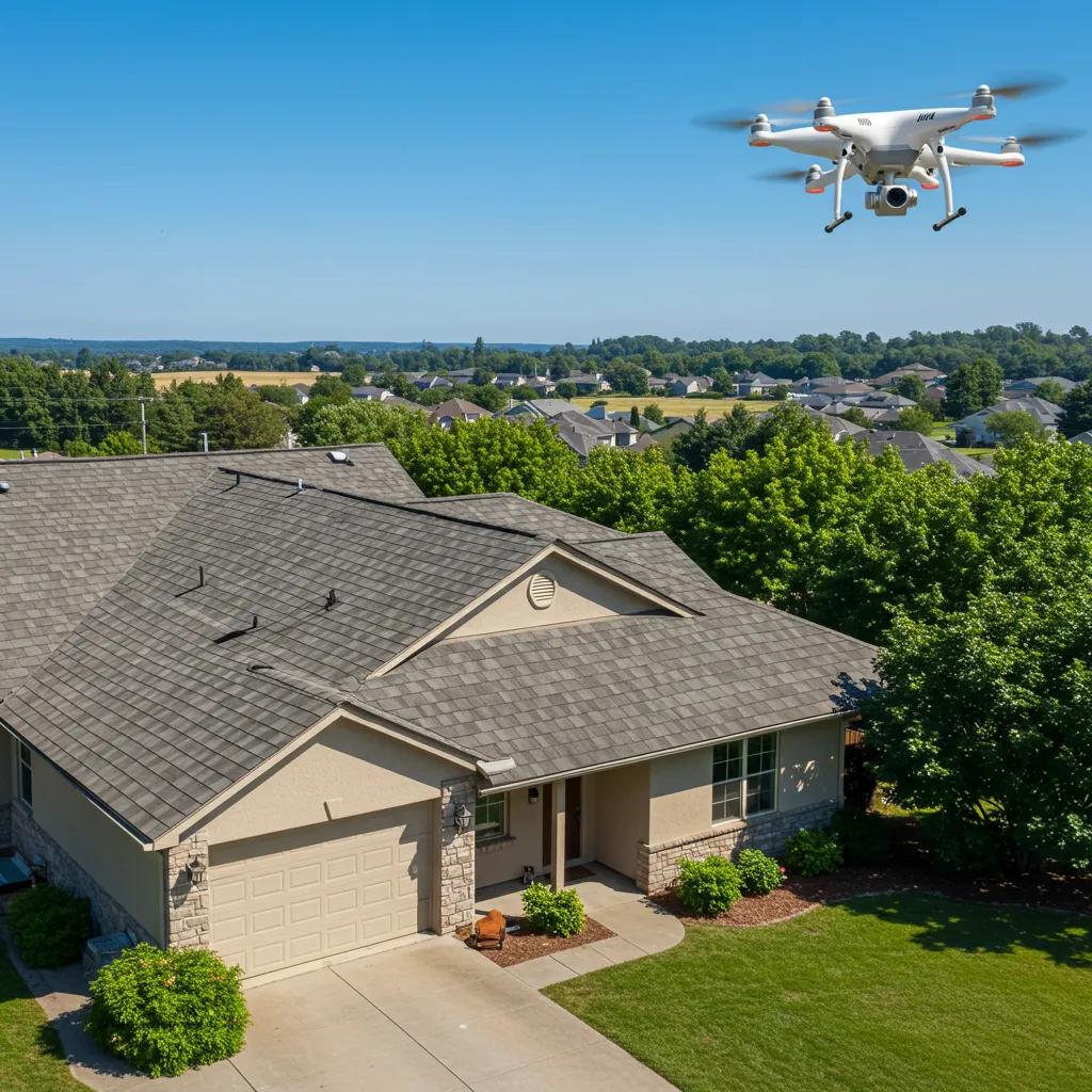 Drone capturing aerial view of house roof for advanced inspection technology, highlighting pre-listing inspection benefits and high-resolution imaging for property assessment.