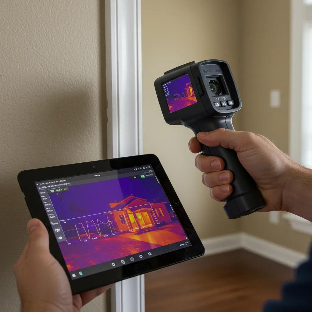 Certified Master Inspector using infrared technology to assess a Florida home, showcasing advanced inspection techniques and real-time data analysis on a tablet.