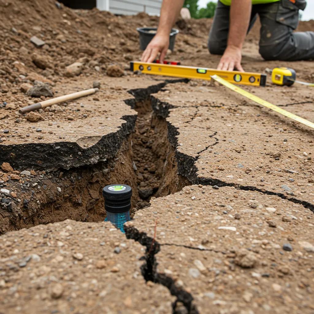 Close-up of a cracked foundation being assessed for repair, highlighting risks of skipping home inspections, with measuring tools and soil visible.