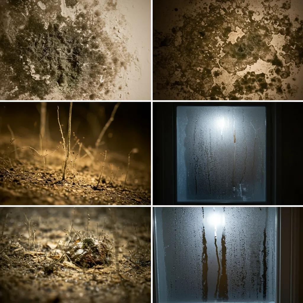 Close-up images of common mold signs, including visible growth on surfaces, moisture issues, and condensation on windows, highlighting environmental risks in Florida homes.