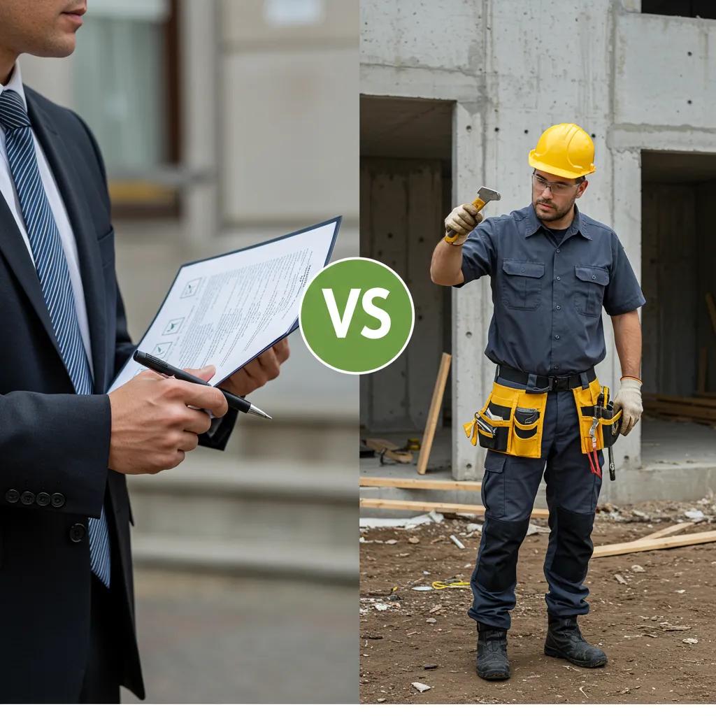 Comparison of a professional home inspector with a clipboard and a construction worker holding a hammer, illustrating the differences between municipal and professional home inspections.