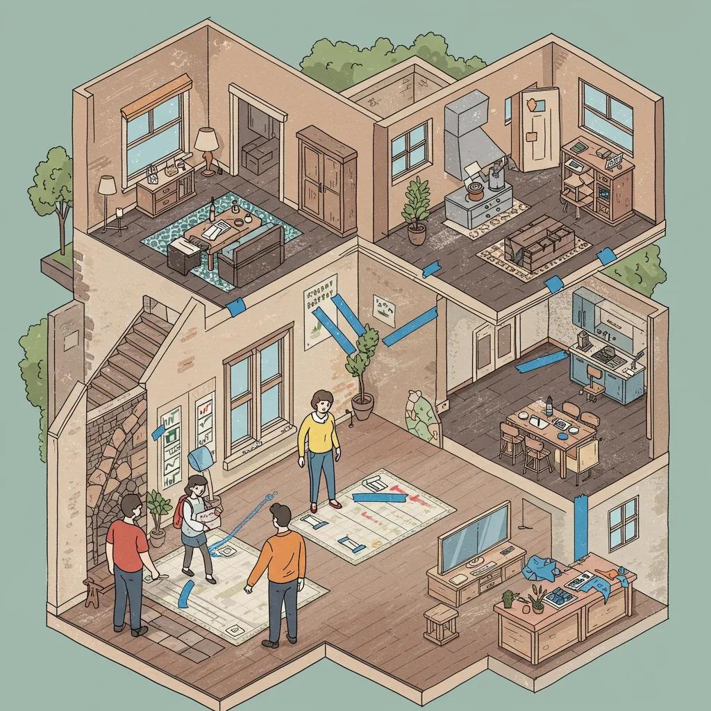 Couple conducting a final walkthrough in a new construction home, marking areas with blue tape, creating a punch list for inspection, with furniture and appliances visible in the background.