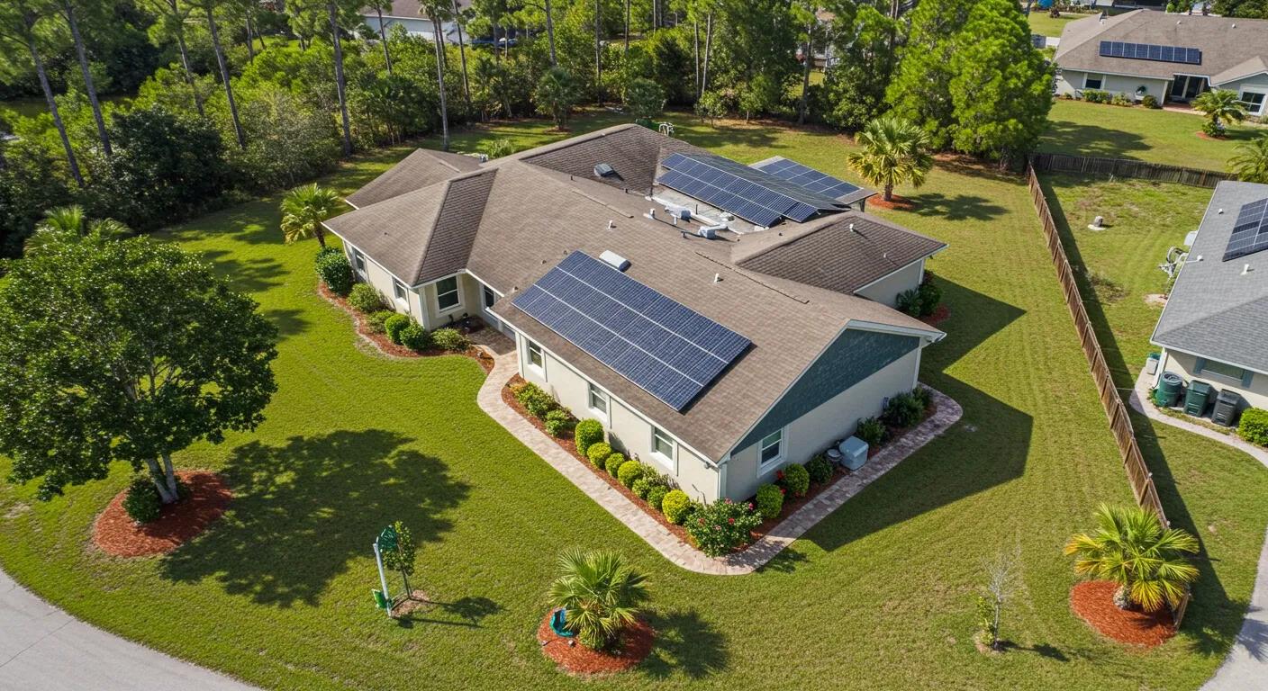 Aerial view of a Florida home featuring solar panels on the roof, surrounded by lush greenery and landscaped yard, relevant to mold and pest risk considerations for homebuyers.