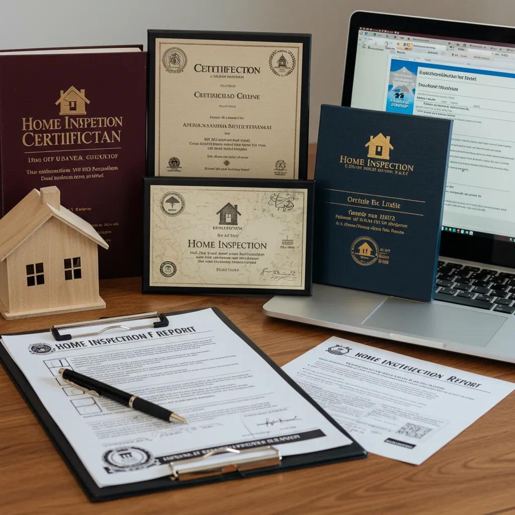 Home inspection certifications and licenses displayed on a desk, featuring a wooden house model, inspection reports, and a laptop, emphasizing inspector qualifications and credibility for reliable home inspection services.