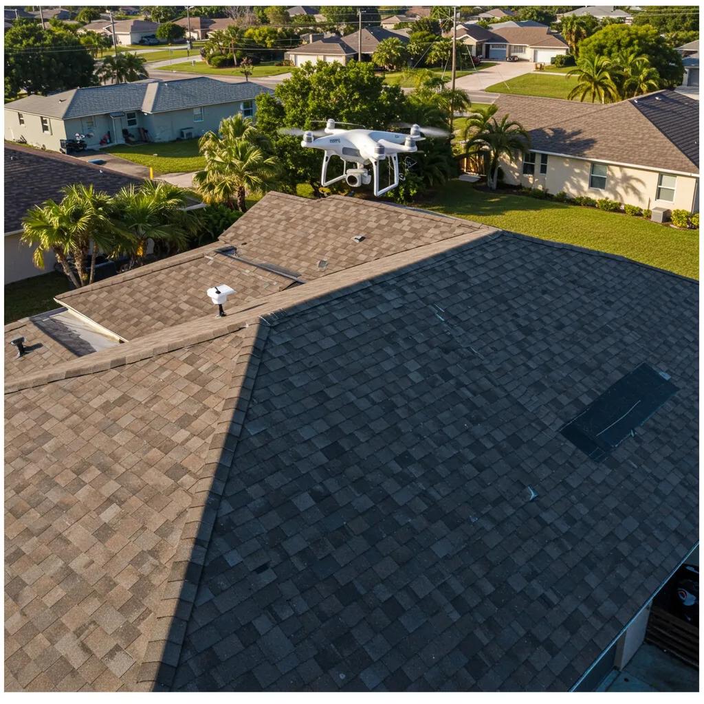 Drone capturing aerial images of a steep roof in Florida, illustrating advanced technology for home inspections and assessments.