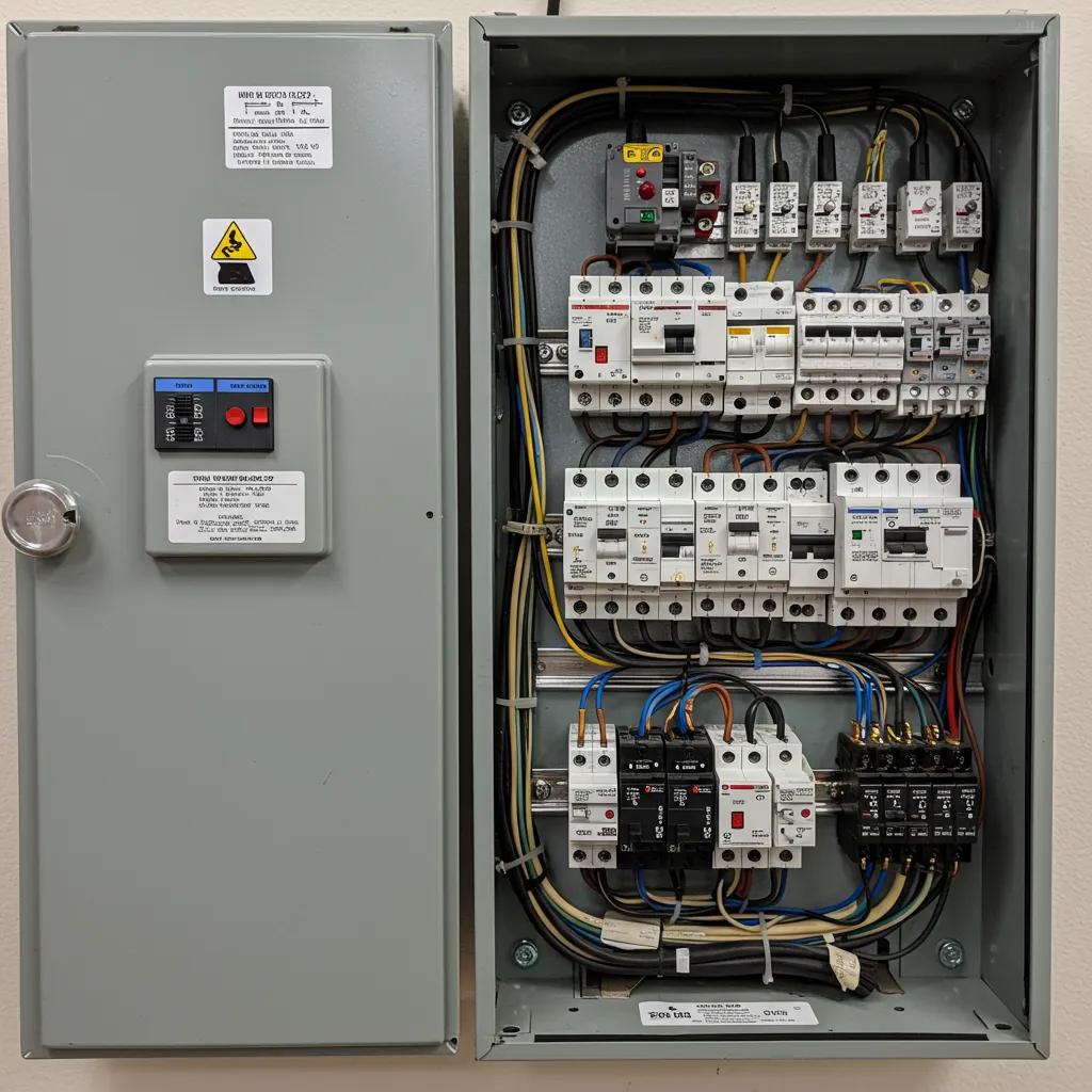 Electrical panel displaying modern wiring, circuit breakers, safety features, and inspection labels for compliance with Florida 4-point inspection standards.