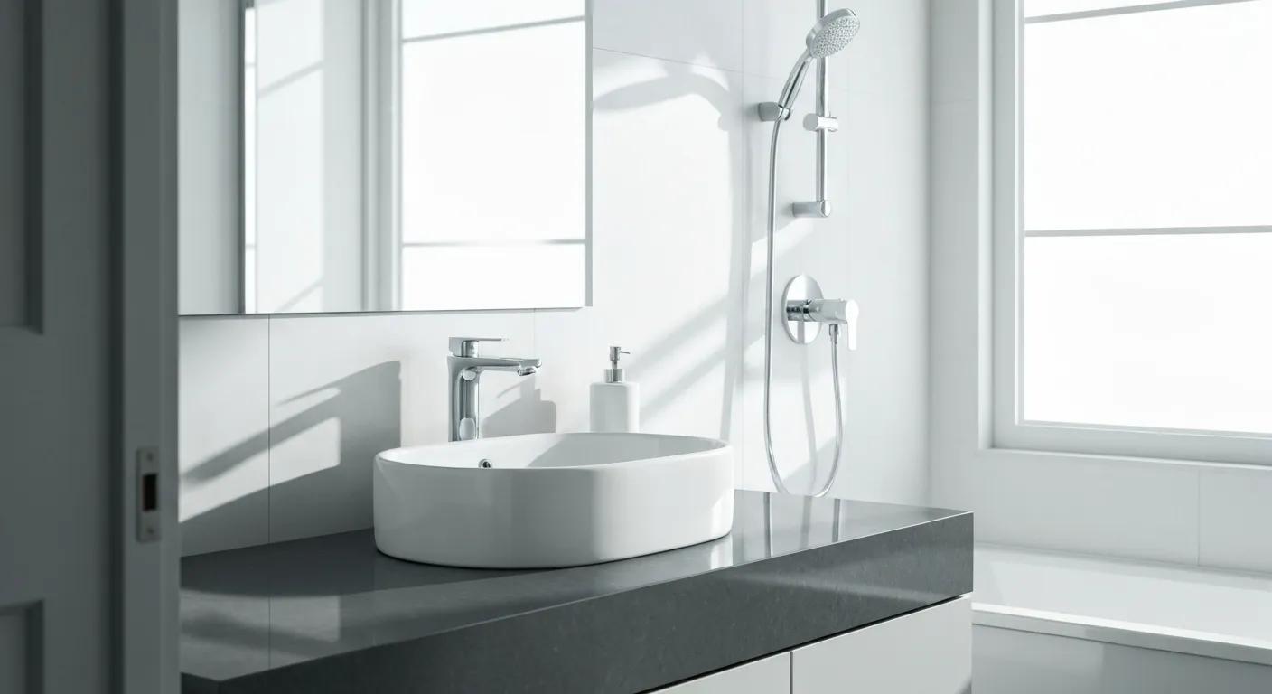 Modern bathroom sink with a round basin, chrome faucet, and showerhead, featuring a clean, minimalist design and natural light from a window, relevant for year-round home maintenance insights.