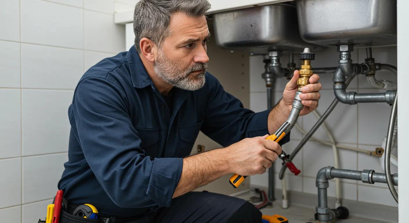Plumber inspecting pipes under a sink, using a wrench on a valve, emphasizing plumbing checks for leaks and water pressure issues.