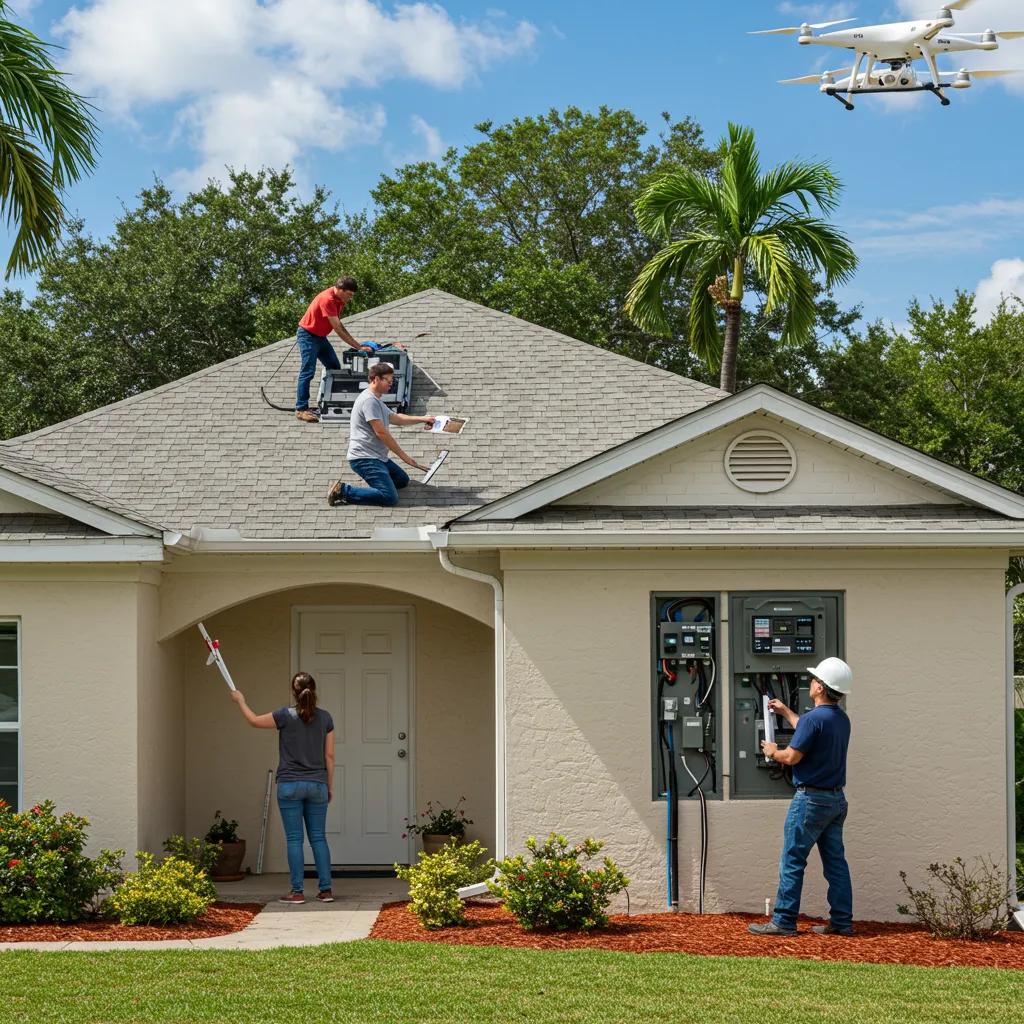 Florida home inspection in progress with technicians evaluating the roof and electrical system, featuring a drone overhead and a homeowner observing.