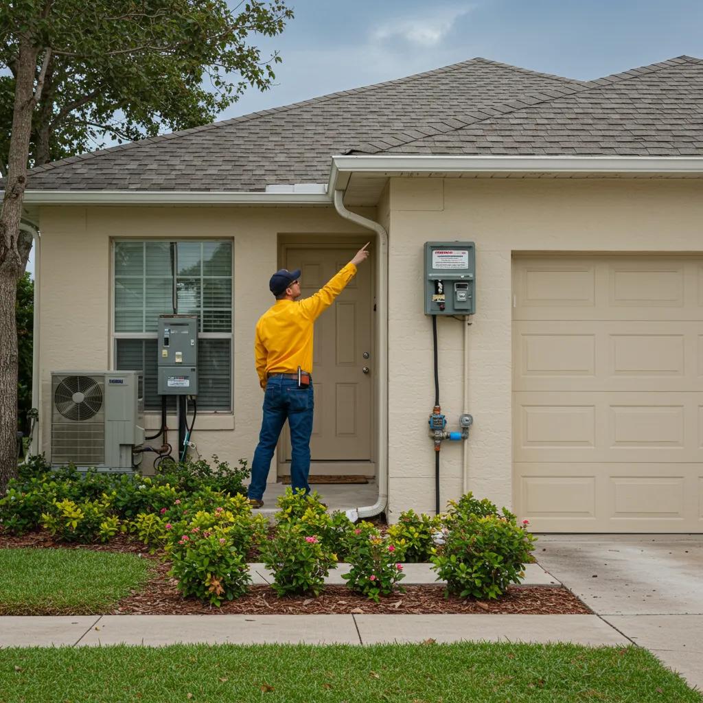 Home inspector in yellow shirt assessing roof and electrical systems during a Florida home inspection, highlighting key components for insurance inspections.