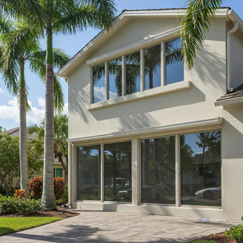 Florida home featuring impact-rated windows, showcasing resilience and modern design, surrounded by palm trees and landscaped yard.