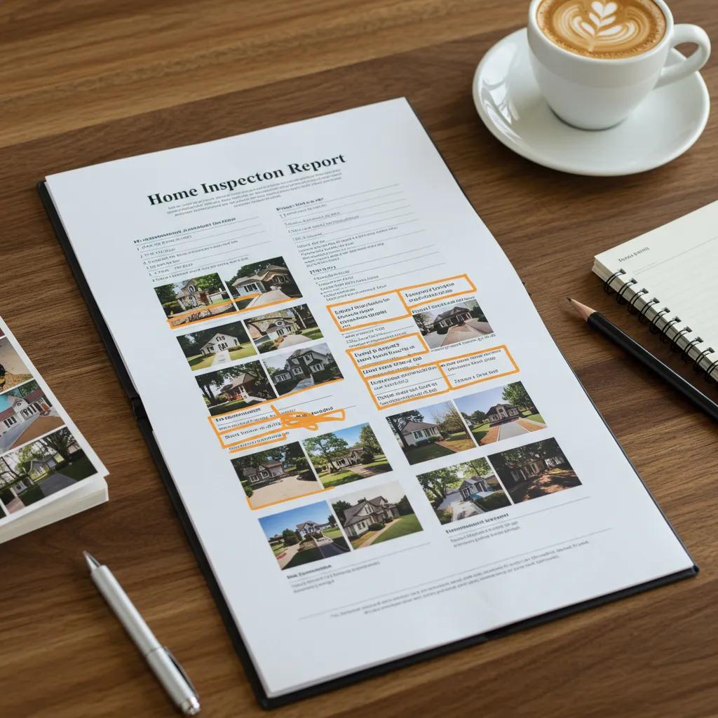 Home inspection report displaying highlighted findings, photographs of properties, and recommendations for repairs, with a coffee cup and notebook in the background.