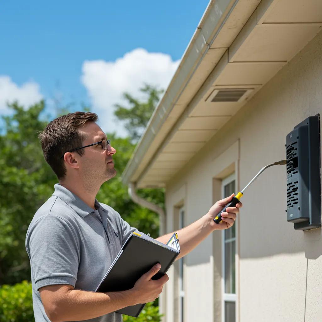 Certified Master Inspector assessing property condition during a home inspection in Florida, holding a clipboard and using a tool on an exterior wall.