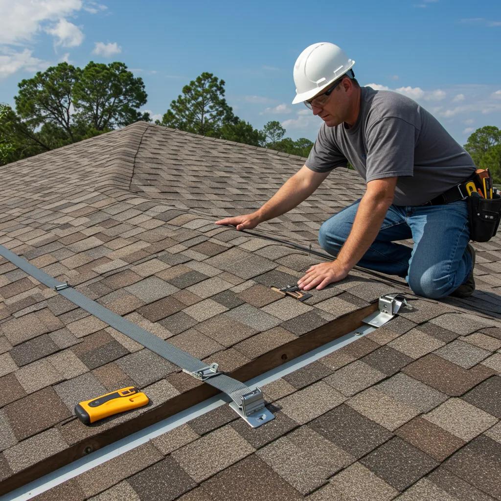 Home inspector evaluating roof shingles and wind mitigation features, demonstrating inspection techniques for homeowners insurance in Florida.