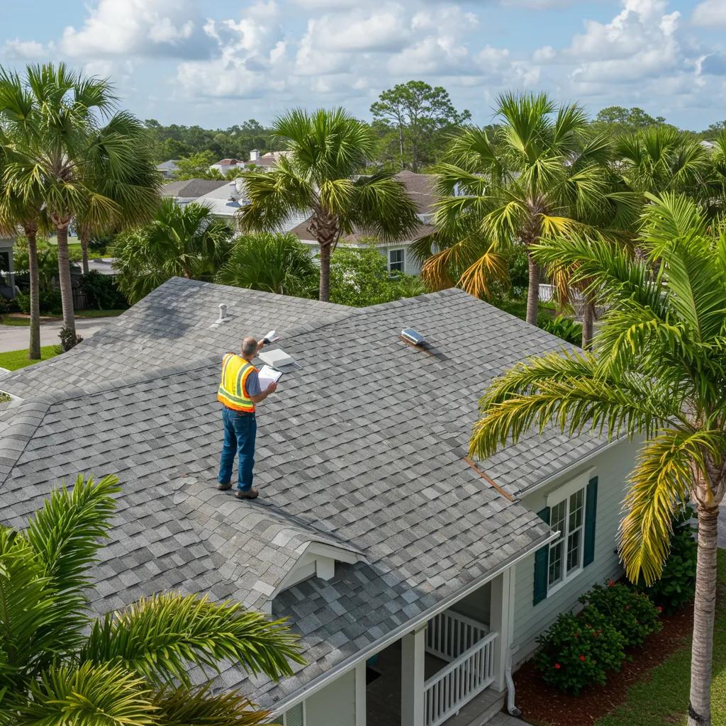Home inspector examining a Florida property's roof, highlighting the importance of thorough home inspections for buyers.