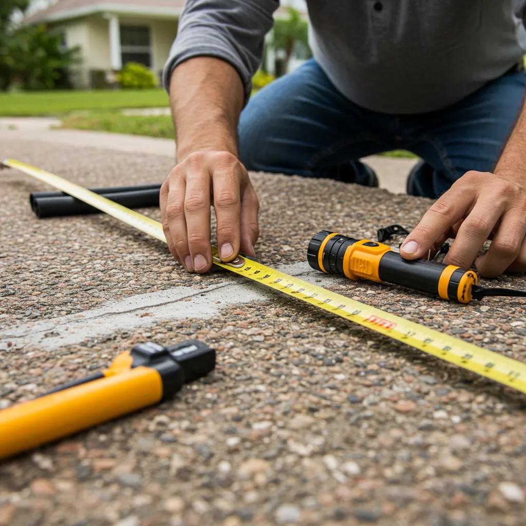 Home inspector measuring foundation issues with a tape measure and flashlight during a thorough home inspection in Florida.