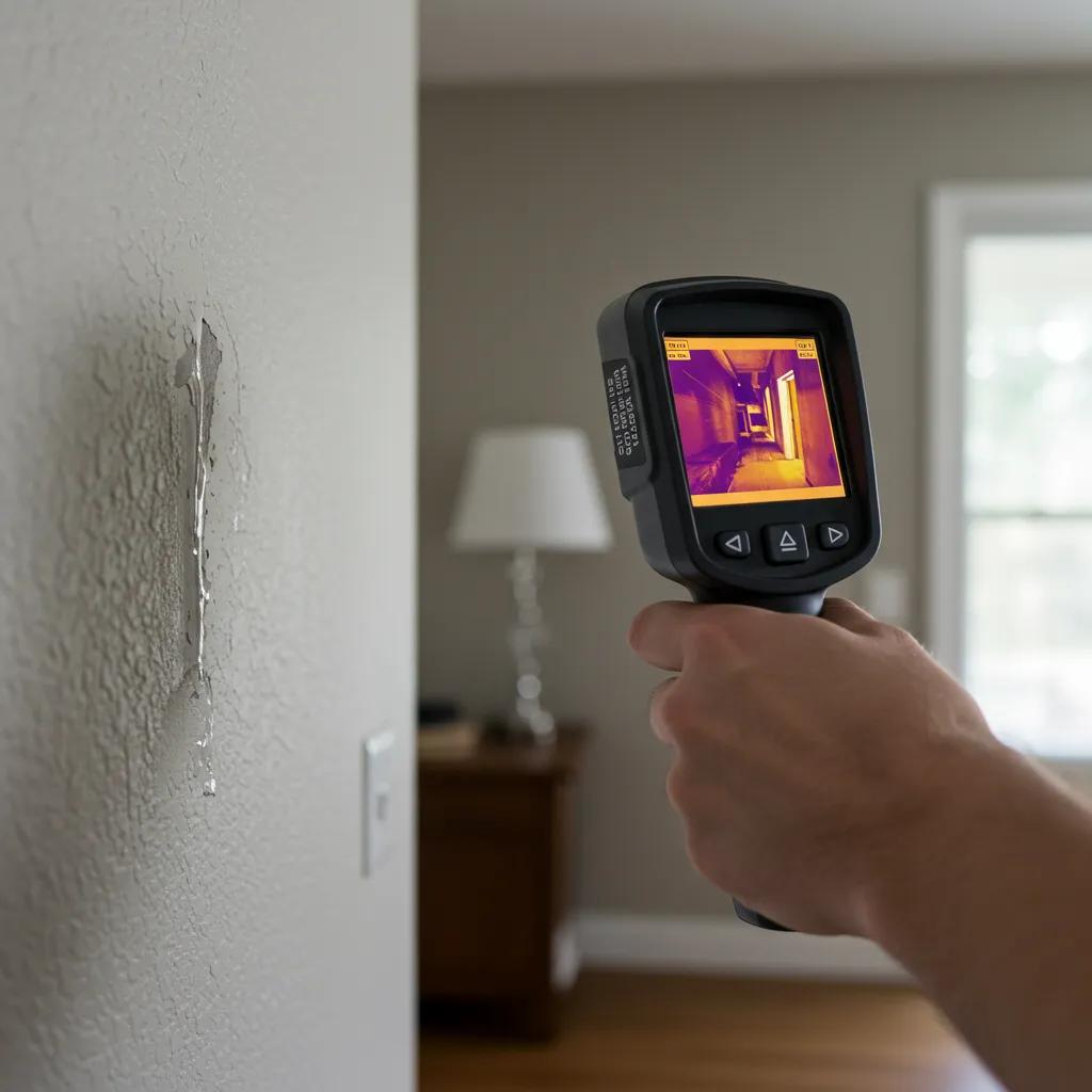 Inspector using infrared camera to detect hidden moisture issues on wall during pre-listing inspection, emphasizing proactive issue identification and accurate condition assessment.