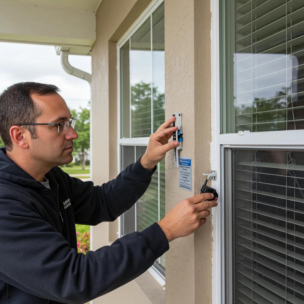 Inspector verifying impact window ratings during a wind mitigation inspection, checking labels and documentation for insurance compliance.
