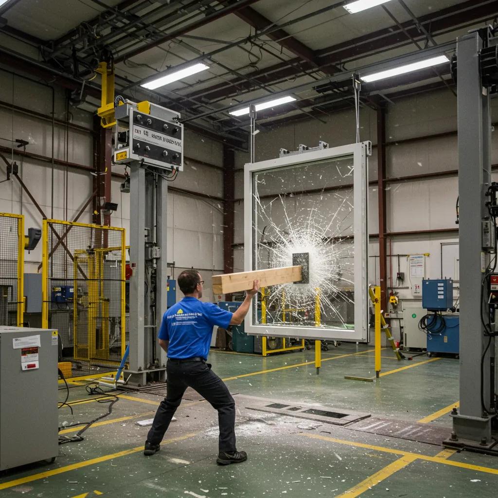 Man conducting missile impact test on window assembly with a large wooden beam in a testing facility, demonstrating impact resistance relevant to hurricane safety standards.