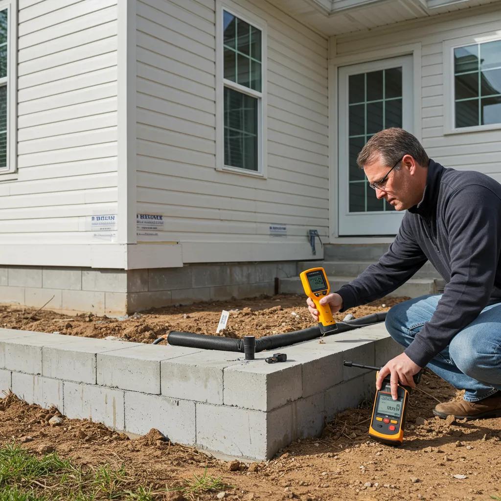 Inspector examining foundation of new construction home using specialized tools for home inspection.
