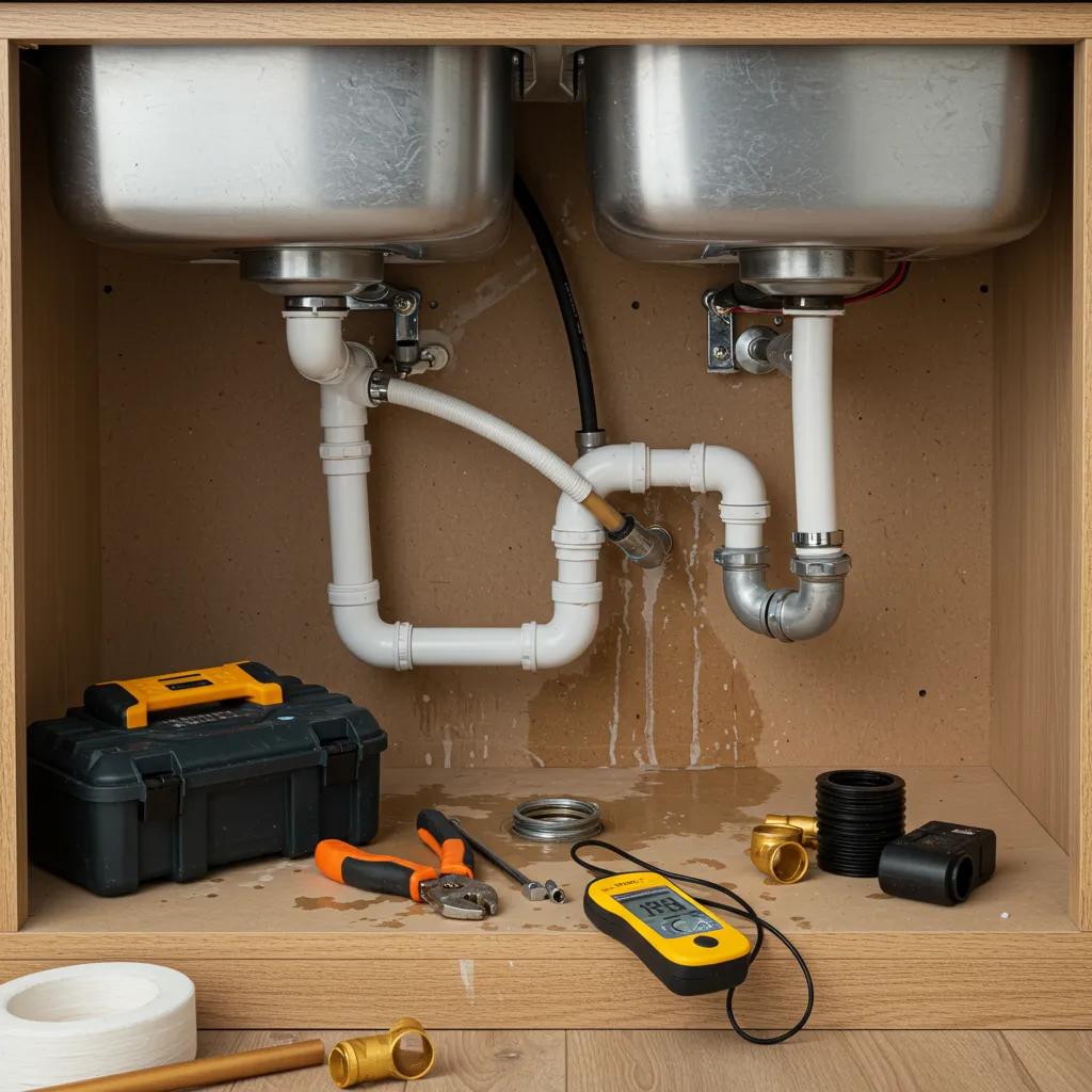 Plumber inspecting plumbing defects under a sink in a new construction home, featuring leaking pipes, tools, and moisture meter, highlighting common plumbing issues in new builds.