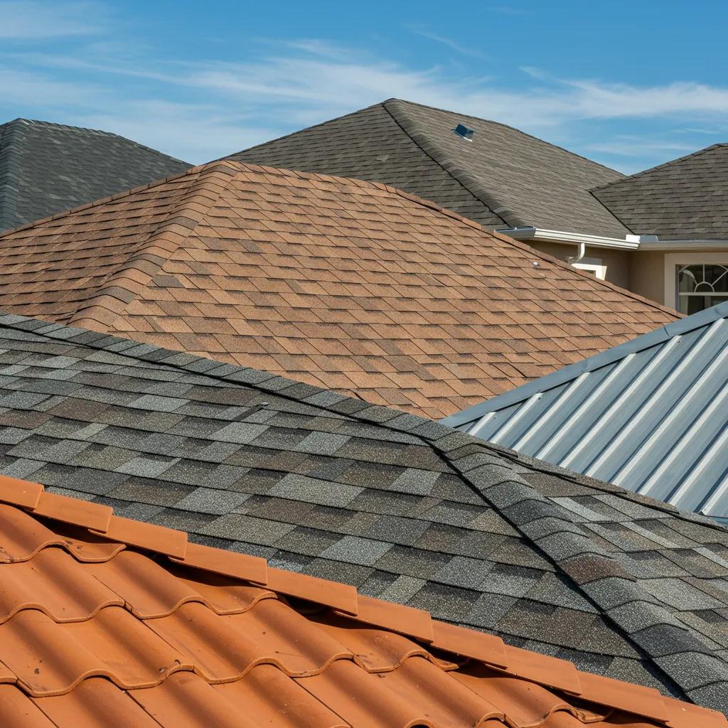 Various roofing materials including asphalt shingles and metal roofs on Florida homes, relevant for 4-point inspections and insurance assessments.