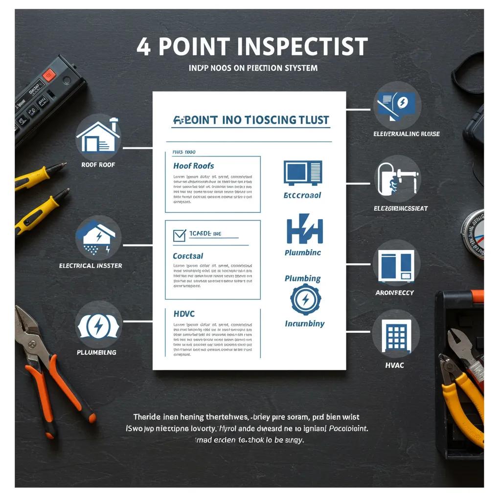 4-point inspection checklist graphic featuring roof, electrical, plumbing, and HVAC system categories, with tools and icons illustrating inspection elements, relevant for Florida home insurance assessments.