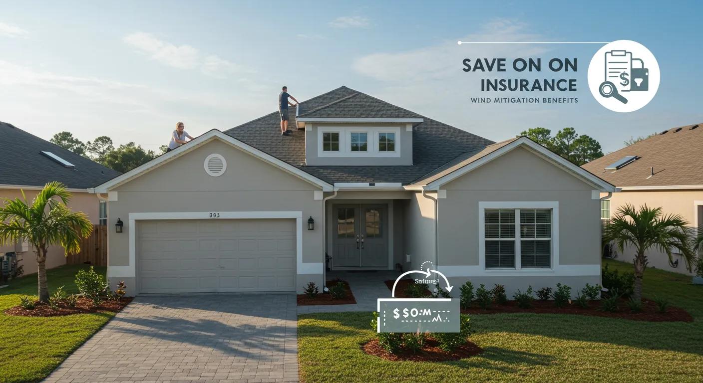 House with wind mitigation features, roof inspection in progress, text overlay "Save on Insurance" and "Wind Mitigation Benefits," landscaped yard with palm trees.