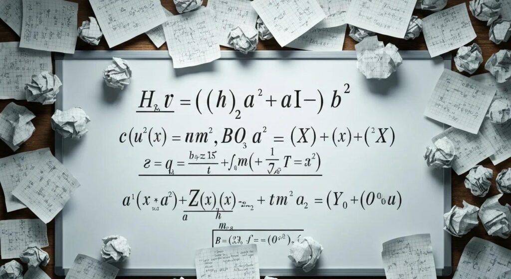 Mathematical equations and notes on a whiteboard surrounded by crumpled paper, symbolizing complex problem-solving related to homeowners insurance calculations.