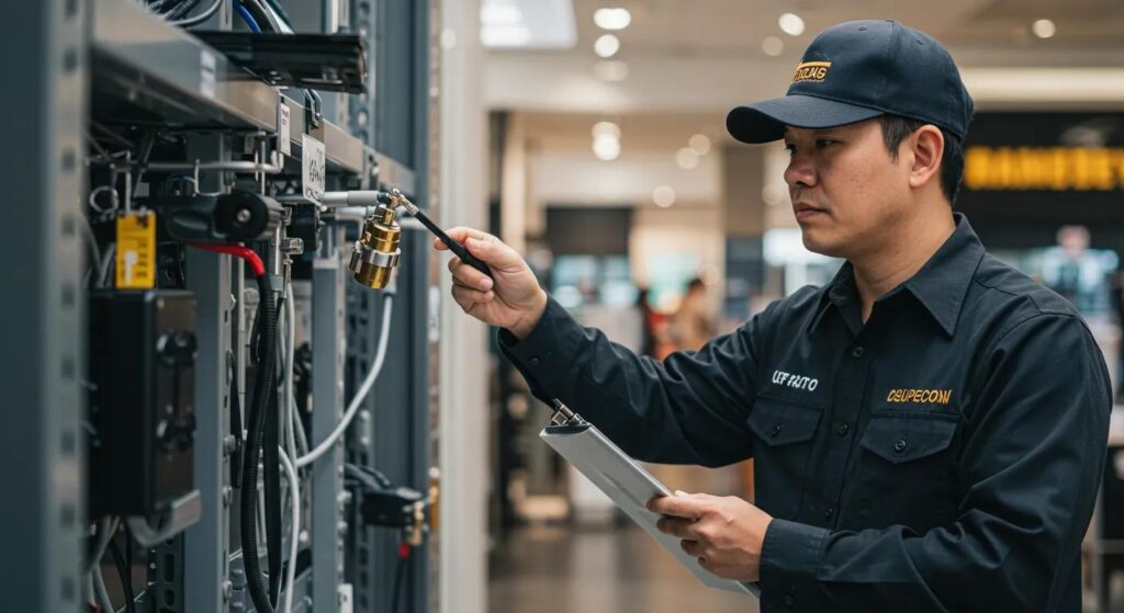 Technician inspecting electrical equipment with clipboard, emphasizing commercial property inspections and safety standards.