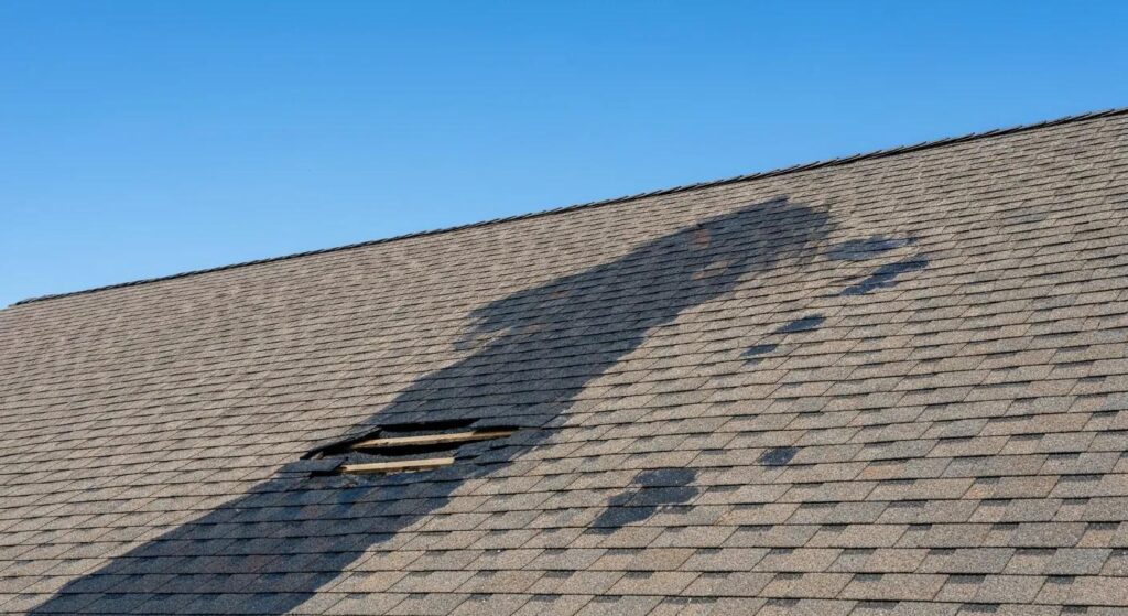 Damaged shingle roof with visible holes and water stains, highlighting hidden roof issues relevant for Florida homeowners.