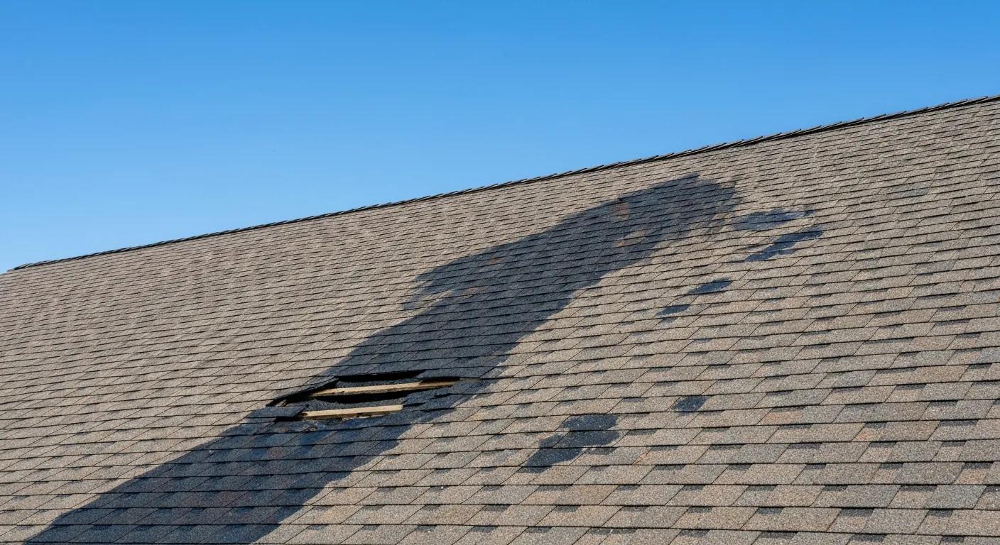 Damaged shingle roof with visible wear, hole, and discoloration, highlighting potential hidden issues in Florida's climate.