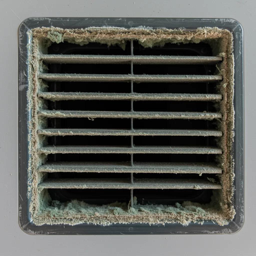 Close-up of a dusty air vent with visible accumulation of dust and debris, indicating potential need for duct cleaning and addressing air quality issues.