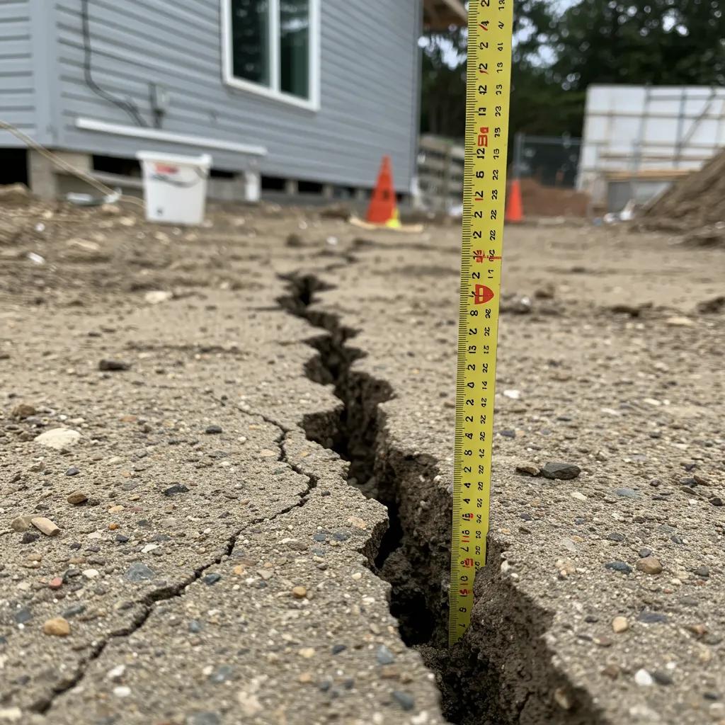 Close-up of foundation crack in soil with measuring tape, highlighting common inspection issues in new construction homes related to settling and structural integrity.