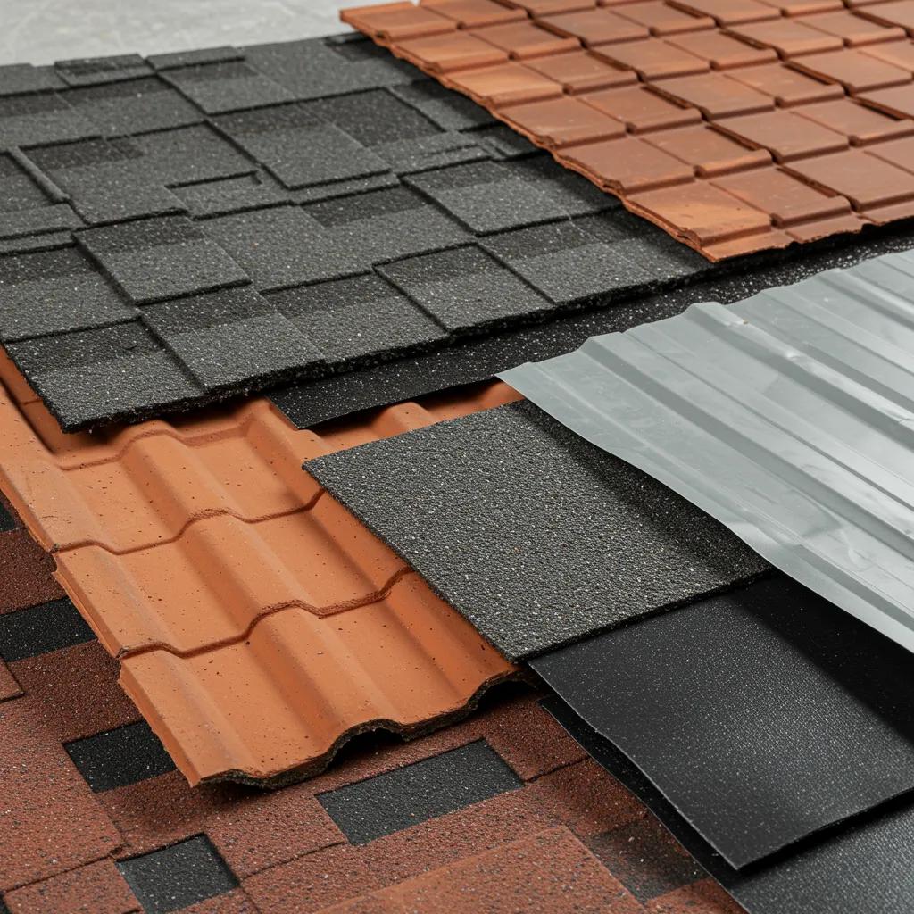 Close-up of various roofing materials including asphalt shingles, clay tiles, metal sheets, and flat membranes