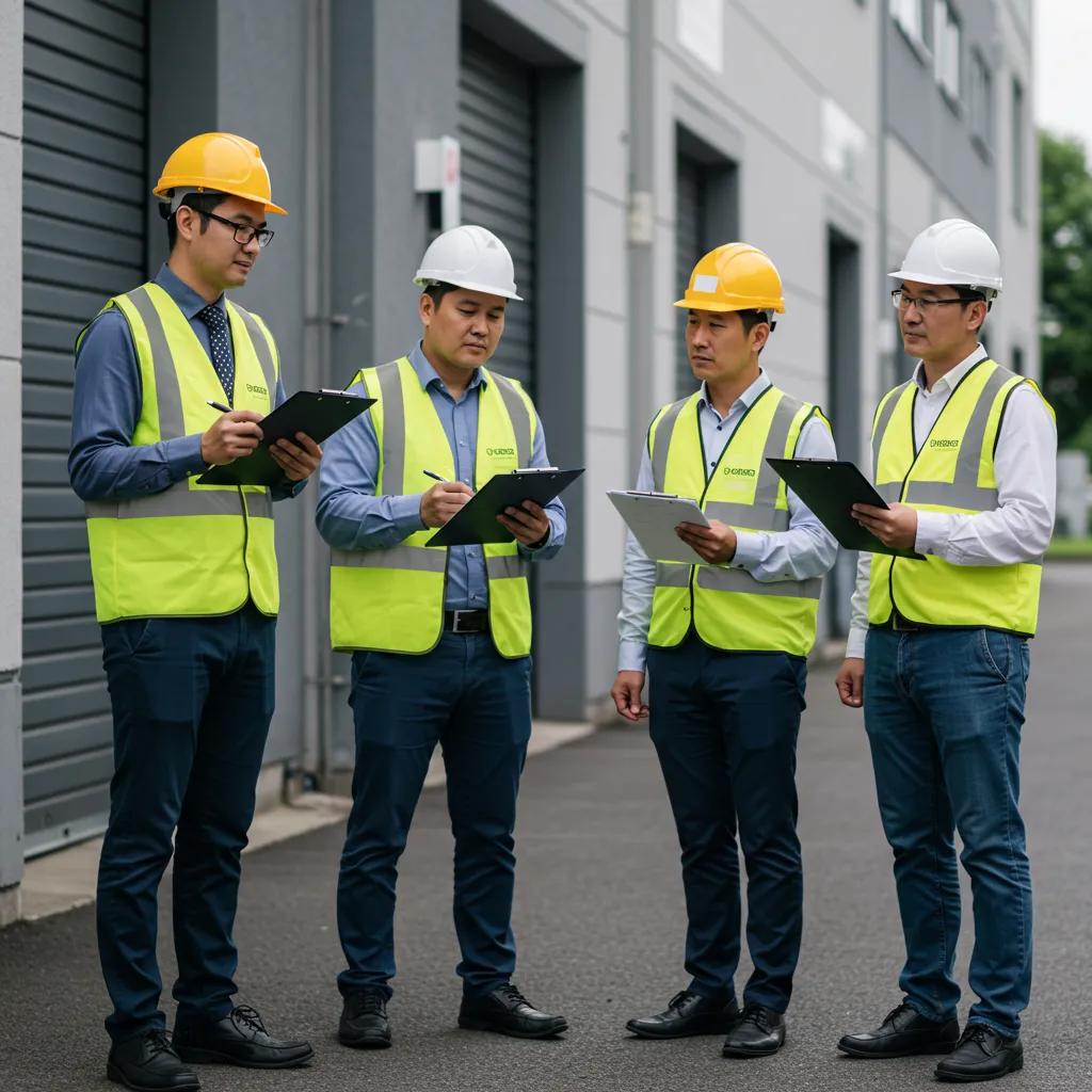 Four commercial property inspectors in safety vests and hard hats evaluating a building's exterior, holding clipboards and discussing inspection details.