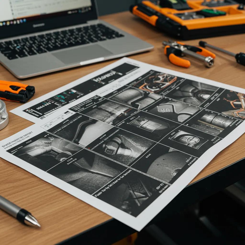 Completed sewer inspection report with annotated video stills, distance markers, and tools on a table, highlighting plumbing conditions and repair recommendations.