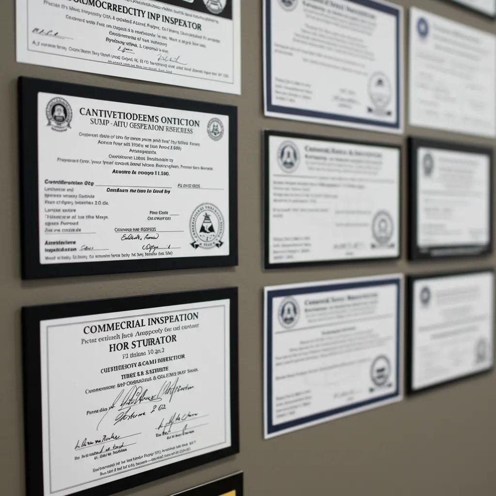 Wall display of commercial property inspector qualifications and certifications, highlighting various licenses and credentials essential for industry standards and expertise.