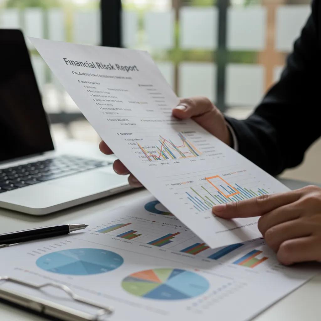 Financial risk report analysis with graphs and charts, emphasizing data evaluation for commercial property inspections and investment decisions.