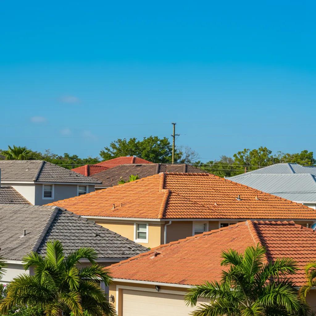Florida roofs in a sunny neighborhood highlighting shingle, tile, and metal roofing types